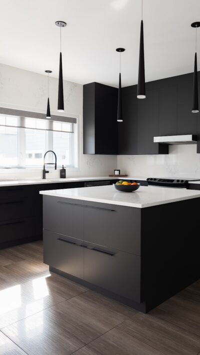 Photo by iris lavoie a modern kitchen with black cabinets and white counter tops