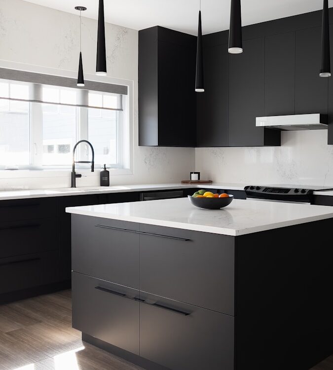 a modern kitchen with black cabinets and white counter tops
