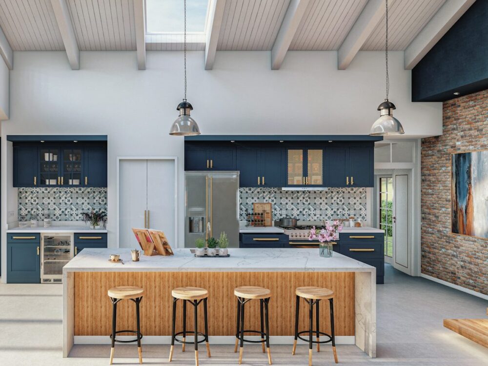 a large kitchen with a center island surrounded by stools